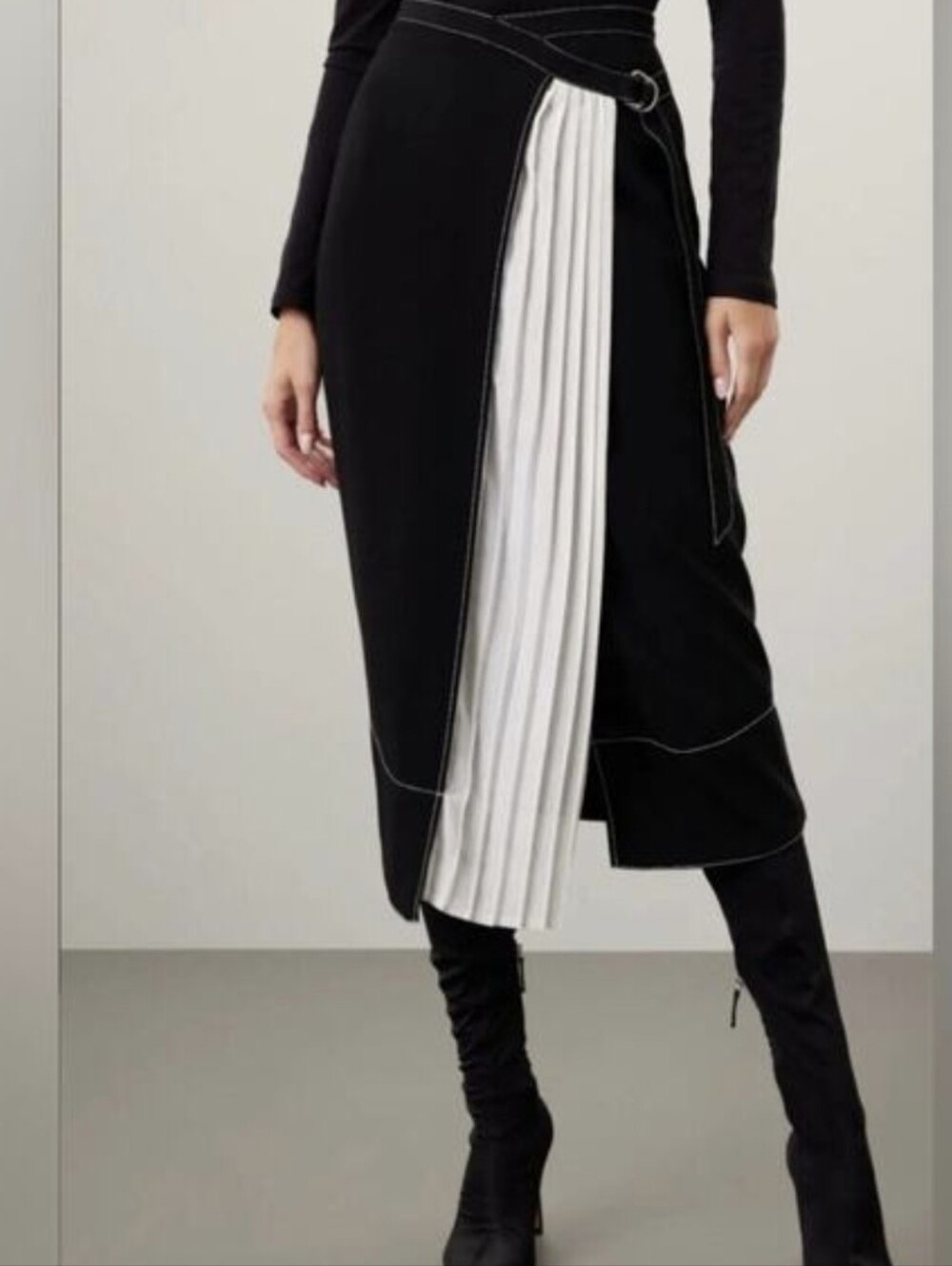 Cinq a Sept Black Midi Skirt with White Pleated Insert